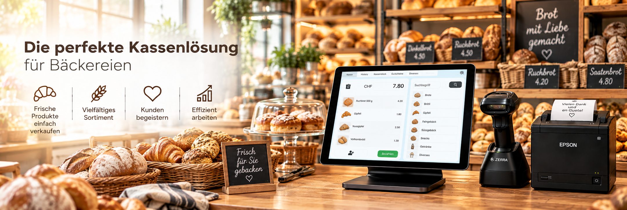 iPad-Kasse von getBUTIK mit Barcodescanner und Bondrucker auf der Holztheke einer Bäckerei, davor Brote und Gipfeli, dahinter das Brotregal