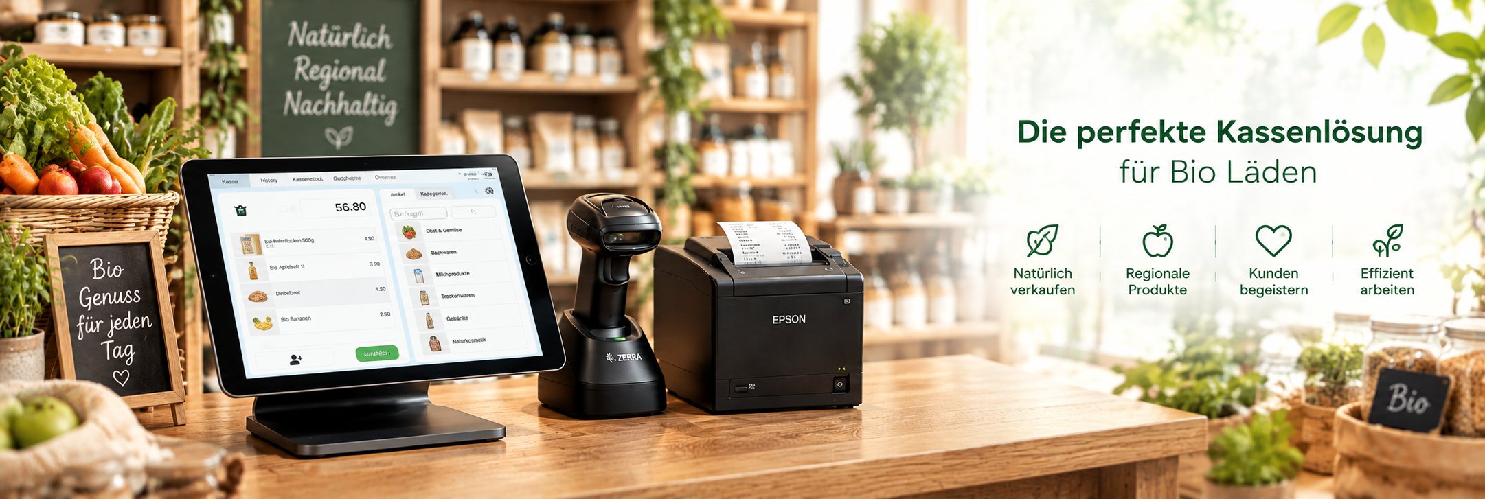 iPad-Kasse von getBUTIK mit Barcodescanner und Bondrucker auf der Theke eines Bioladens