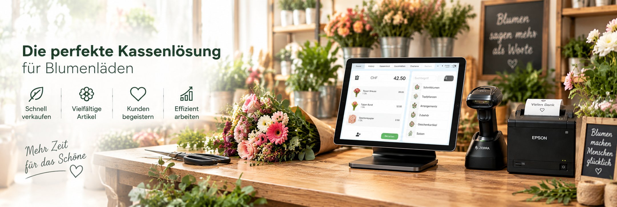 iPad-Kasse von getBUTIK mit Barcodescanner und Bondrucker auf der Werkbank eines Blumenladens, daneben ein gebundener Strauss