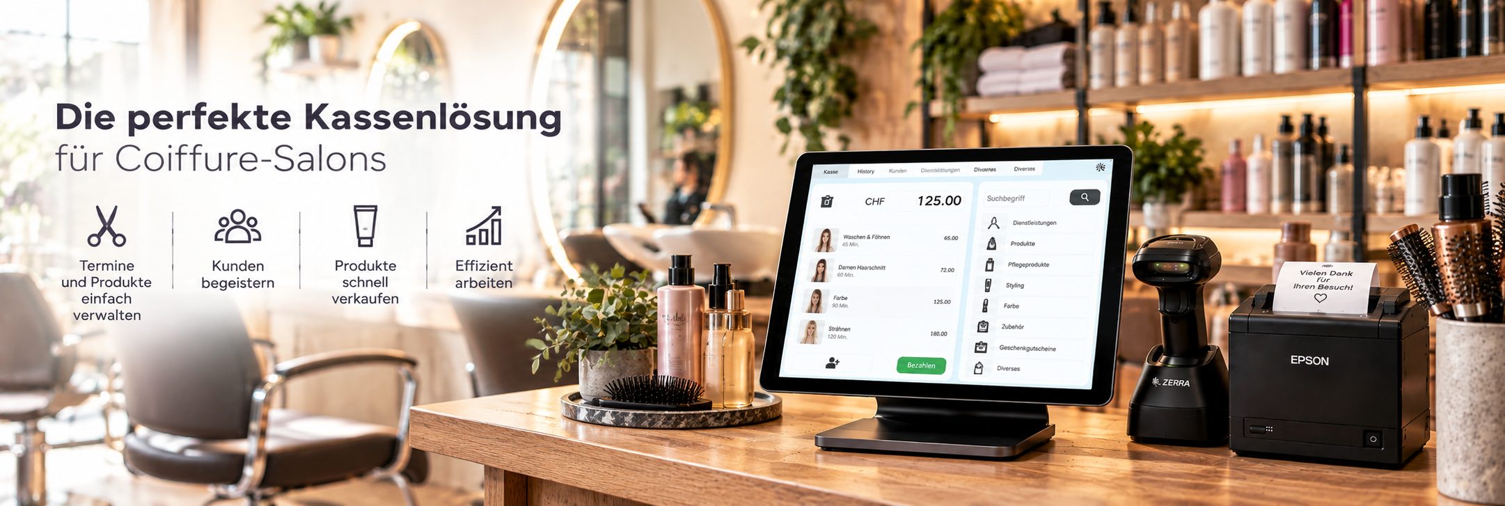 iPad-Kasse von getBUTIK mit Barcodescanner und Bondrucker auf der Theke eines Coiffeur-Salons, dahinter Frisierstühle und ein Regal mit Pflegeprodukten