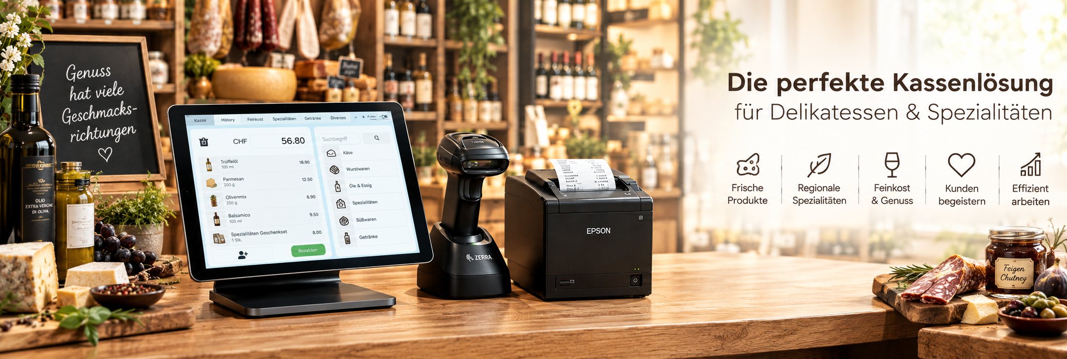 iPad-Kasse von getBUTIK mit Barcodescanner und Bondrucker auf der Theke eines Delikatessengeschäfts
