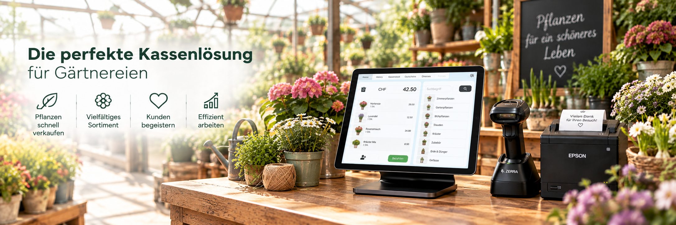 iPad-Kasse von getBUTIK mit Barcodescanner und Bondrucker auf der Holztheke eines Gartencenters, dahinter Topfpflanzen und ein Gewächshaus