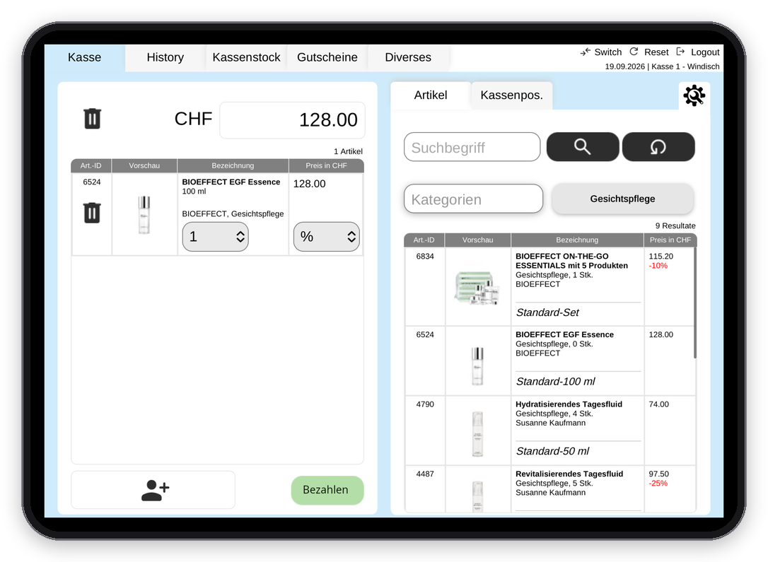 Verkaufsmaske der getBUTIK iPad-Kasse mit Artikelsuche und Warenkorb