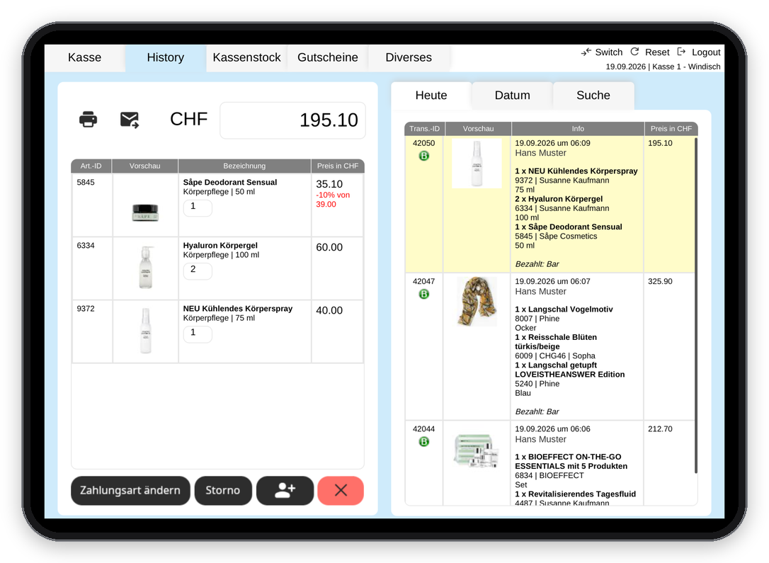 Verkaufshistorie der iPad-Kasse mit den Belegen des Tages
