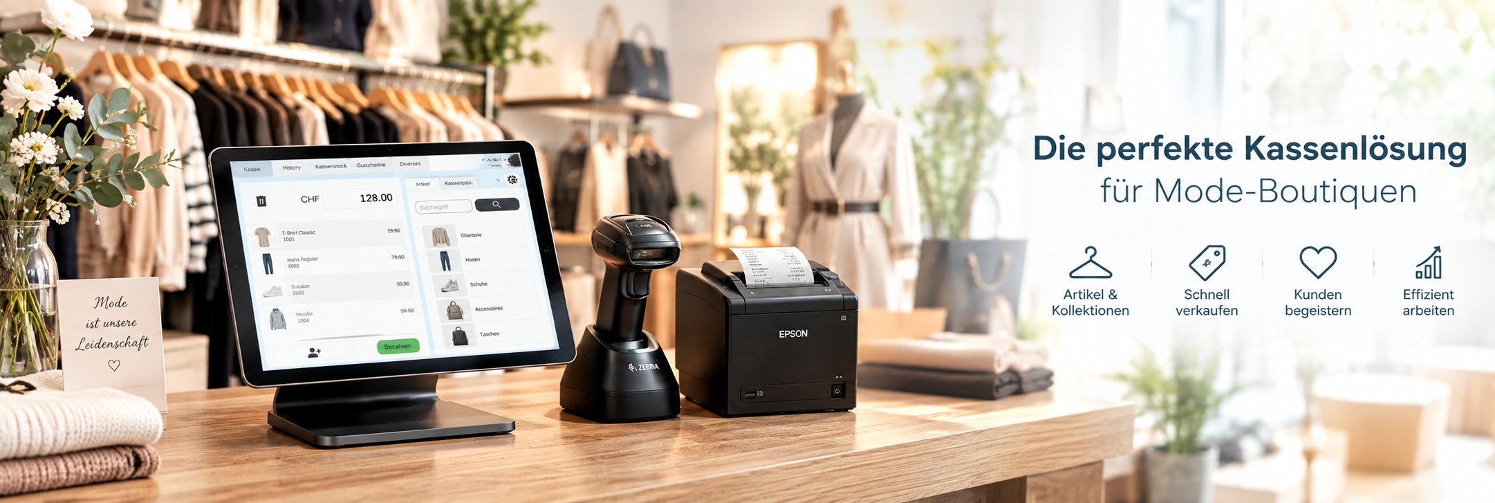 iPad-Kasse von getBUTIK mit Barcodescanner und Bondrucker auf der Theke einer Modeboutique
