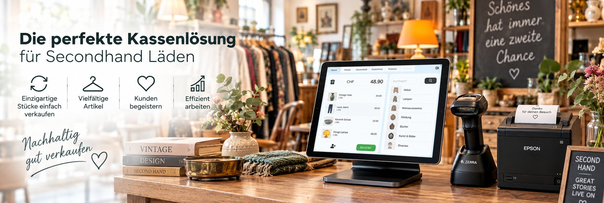 iPad-Kasse von getBUTIK mit Barcodescanner und Bondrucker auf der Theke eines Secondhand-Ladens mit Vintage-Möbeln und Kleidung